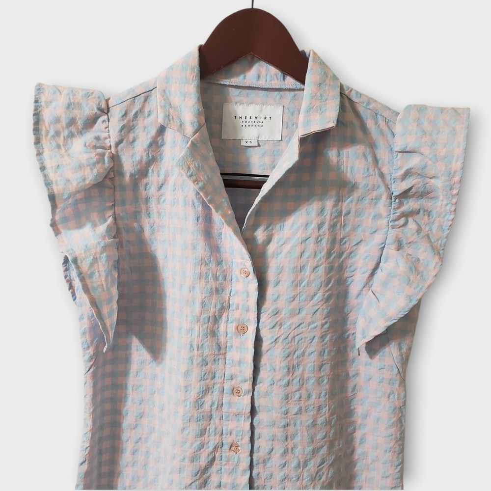 The Shirt Rochelle Behrens Drop Waist Peplum Dress Crinkled Gingham Pink Blue XS - Picture 2 of 11